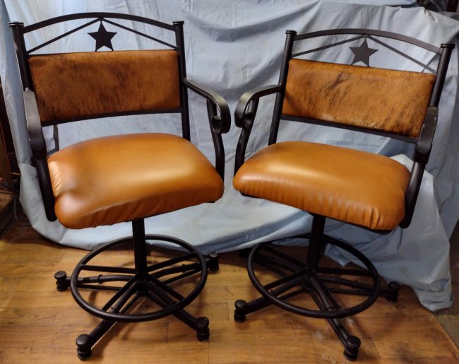 Leather & Cowhide Bar Chairs, old Western Cowboy Decor, Pair