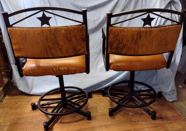 Leather & Cowhide Bar Chairs, old Western Cowboy Decor, Pair
