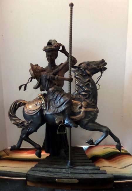Bronze Carousel Horse and Child Riding with Mom, by Clyde Ross Morgan 28 inches tall