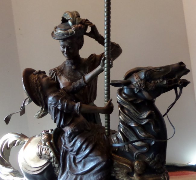 Bronze Carousel Horse and Child Riding with Mom, by Clyde Ross Morgan 28 inches tall