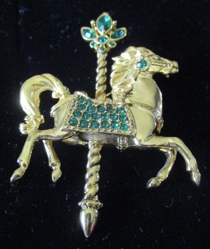 Franklin Mint Carousel of Pins (4 Rhinestone Carousel Horse Pins with Mirrored Stand)