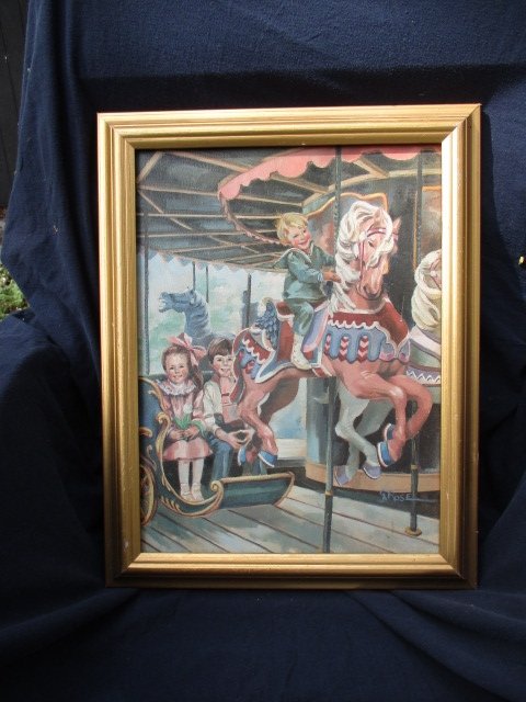 Painting, Carousel Horse and Child Oil  15x19