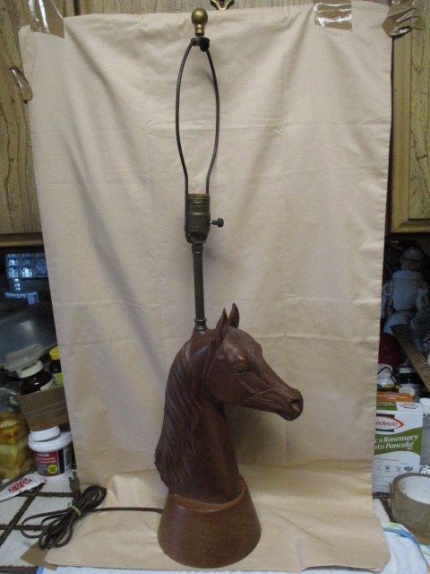 Mid Century Wood Carved Horse Head Lamp